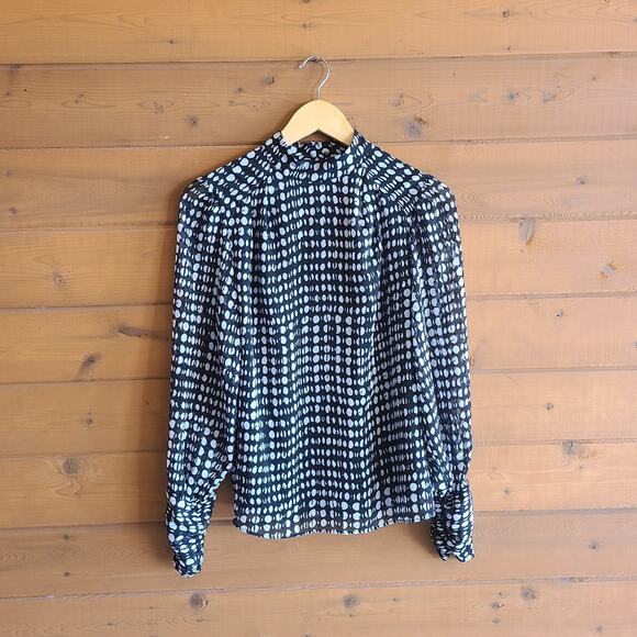 Joie Black White Dotted Long Sleeve Keyhole Back Cuffed Blouse Top Medium Shirt - Picture 1 of 4